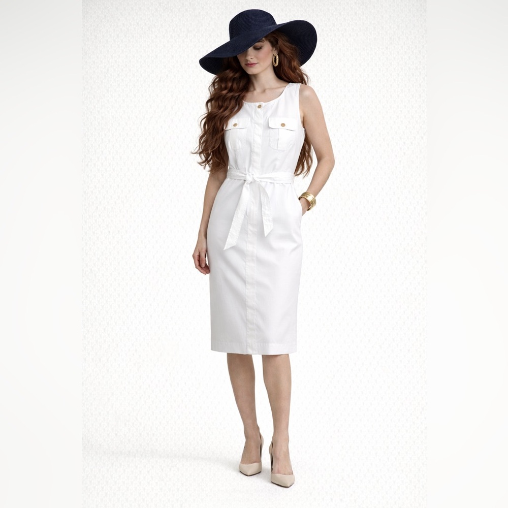 Ralph Lauren White Sleeveless Shirt Dress Gold Buttons w/ Belt